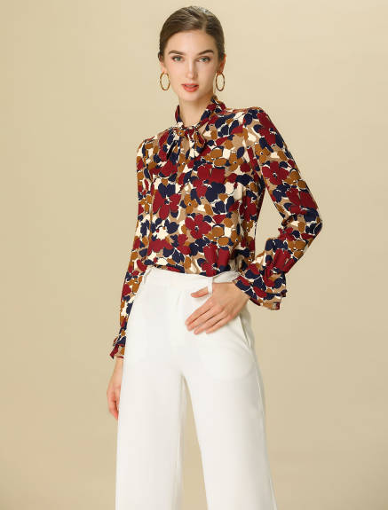 Allegra K- Floral Tie Neck Chiffon Ruffle Blouse