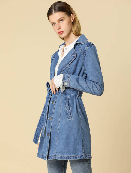 Allegra K- Notched Lapel Button Belted Long Denim Jacket