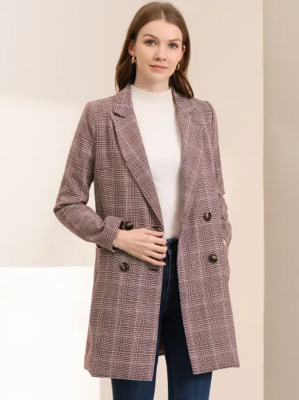 Allegra K- Notched Lapel Double Breasted Plaid Blazer