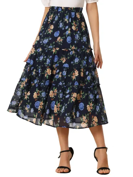 Allegra K- Floral Tiered A-Line Long Chiffon Skirt