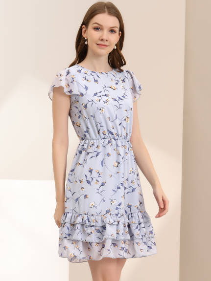 Allegra K- Floral A-Line Ruffle Layered Chiffon Dress