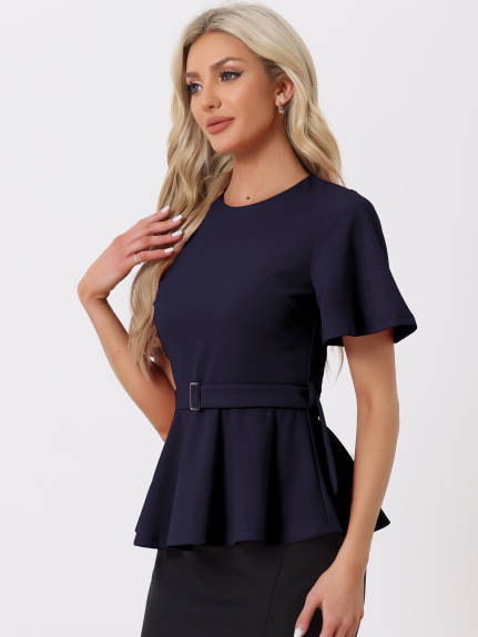 Allegra K - Bell Sleeve Belted Waist Peplum Top