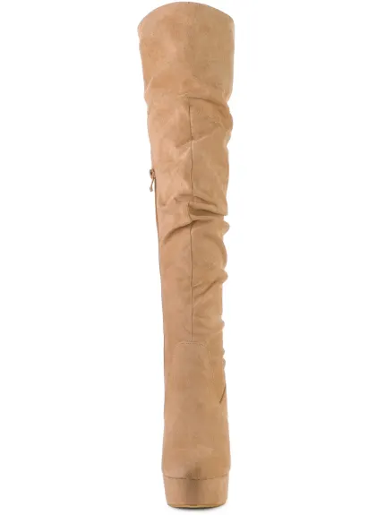 Allegra K - Platform Round Toe Slouch Thigh High Boots