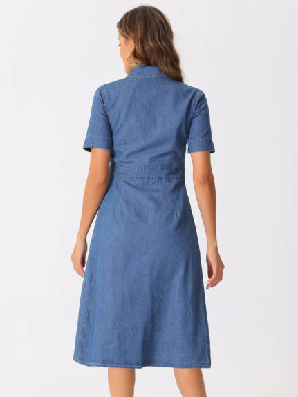 Allegra K - Denim A-Line Button Up Midi Dress