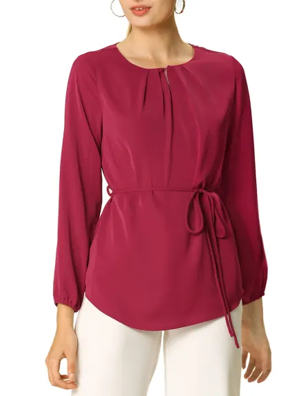 Allegra K- Long Sleeve Round Neck Belted Waist Peplum Blouse