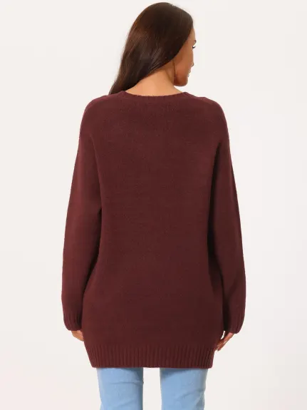 Allegra K- Round Neck Pullover Sweater with Pockets