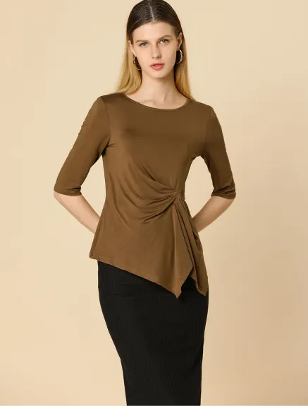 Allegra K- Asymmetrical Ruched Top Half Sleeve Blouse