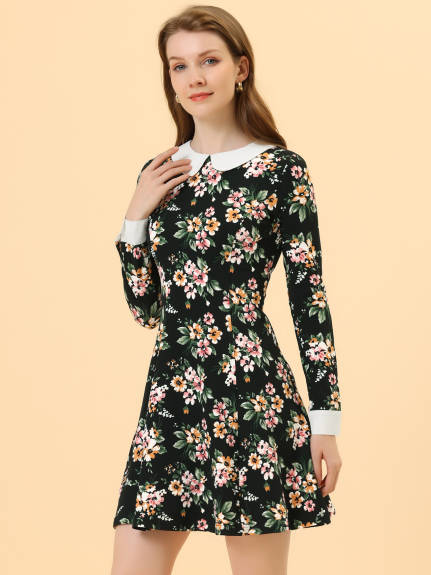 Allegra K- Peter Pan Collar Long Sleeve Above Knee A-Line Dress