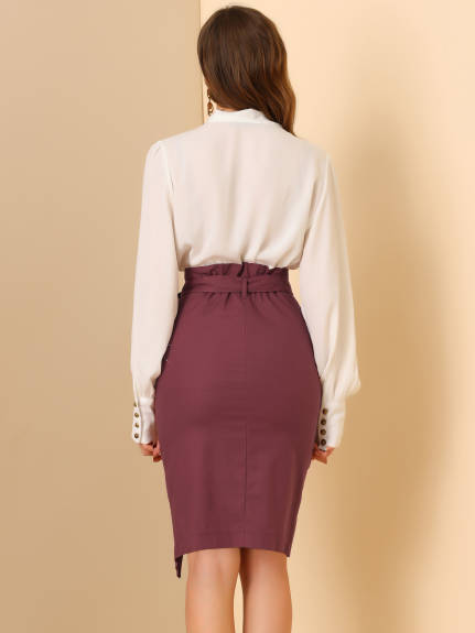 Allegra K - Button Decor Split Belted Pencil Skirt