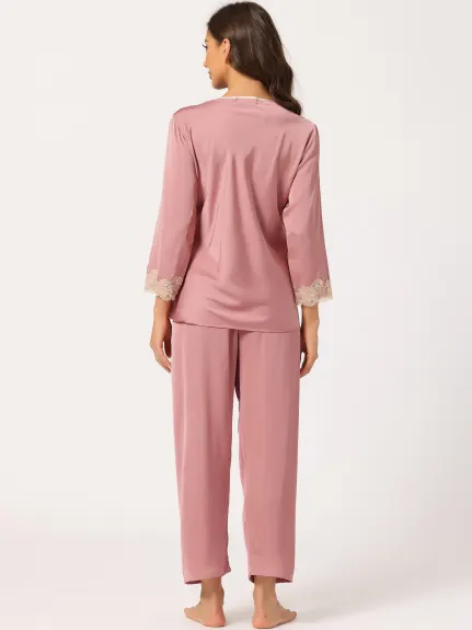 Allegra K - Lace Trim Solid Pajama Sets