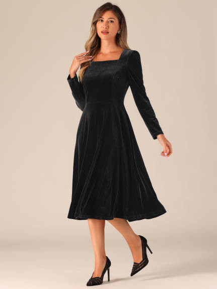 Allegra K - Square Neck Velvet Puff Sleeve Dress