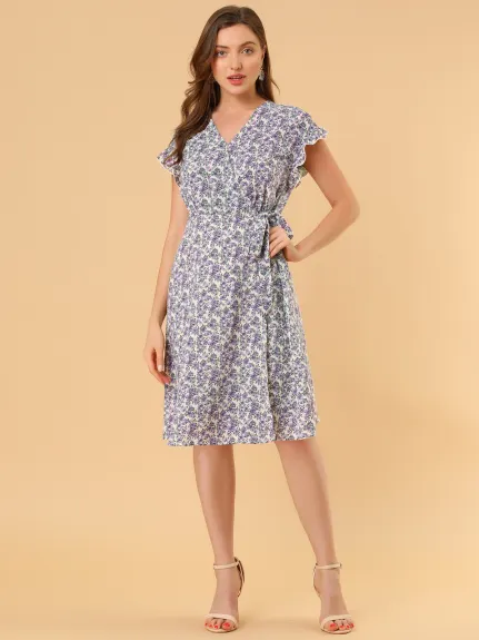 Allegra K- Floral Ruffle Sleeve Belted Midi Dress