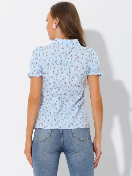 Allegra K - Frilled Short Sleeve Floral Cotton Shirt