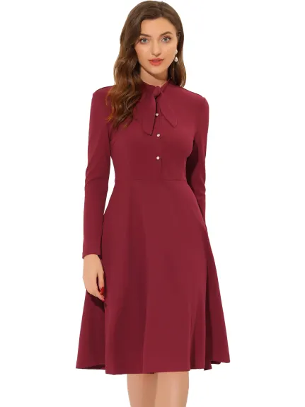 Allegra K- Tie Neck Knit Long Sleeve Midi Sheath Dress