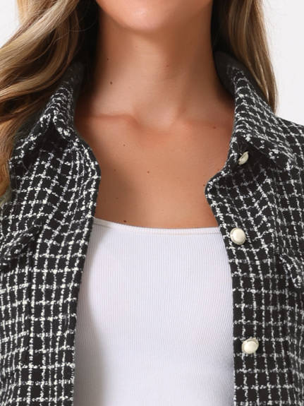 Allegra K - Long Sleeves Loose Tweed Shirt Jacket