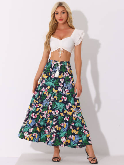 Allegra K- Boho Floral Elastic Waist Maxi Skirt