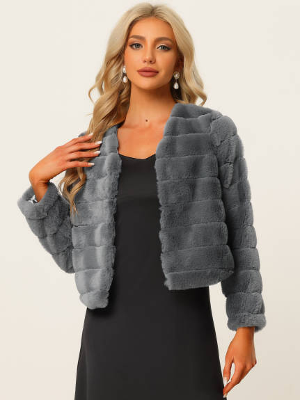 Allegra K- Cropped Collarless Faux Fur Fluffy Coat Jacket