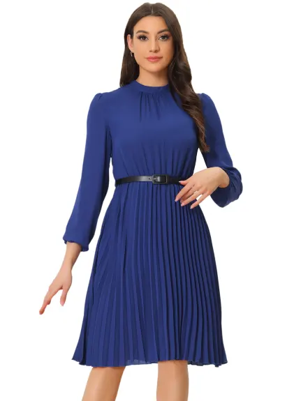 Allegra K- Elegant Long Sleeve Pleated Midi Shirt Dress