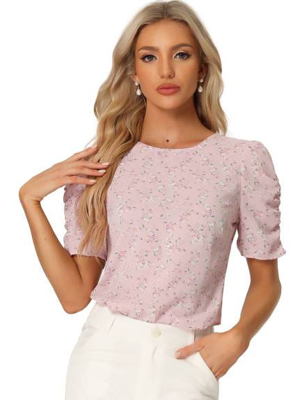 Allegra K- Floral Crew Neck Shirred Short Sleeve Blouse