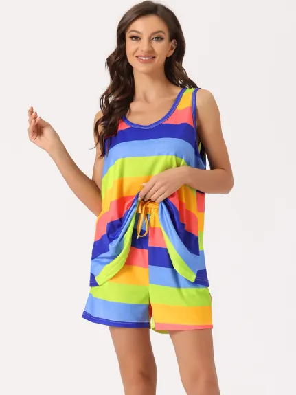 cheibear - Rainbow Stripe Lounge Outfits with Pockets