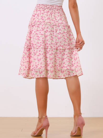 Allegra K- Smocked Waist Ruffle Tiered Floral Skirt