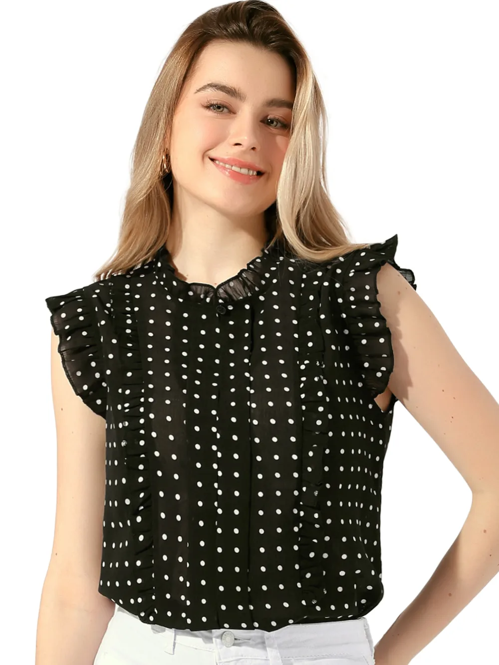 Allegra K - Polka Dot Ruffle Sleeve Chiffon Blouse