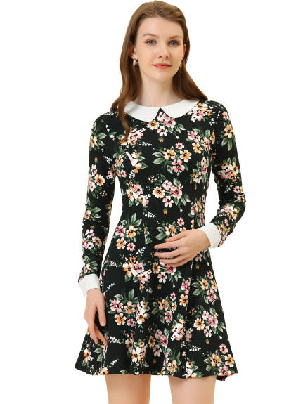 Allegra K- Peter Pan Collar Long Sleeve Above Knee A-Line Dress