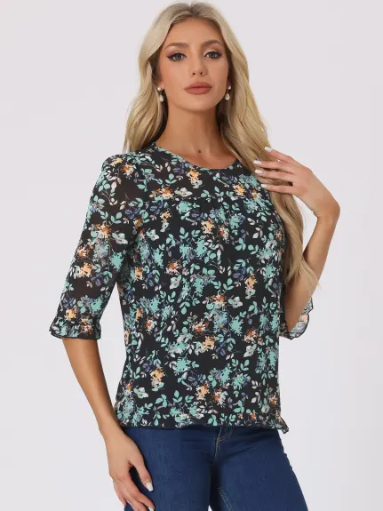 Allegra K- Floral Ruffled 3/4 Sleeve Blouse