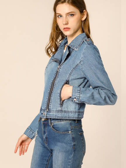 Allegra K- Notched Lapel Asymmetric Zip Moto Denim Jacket