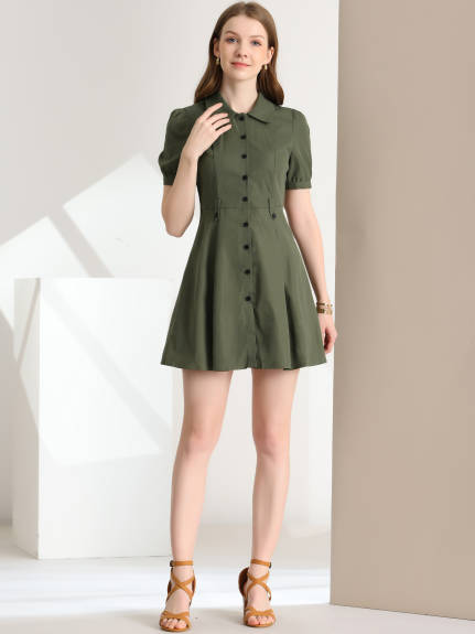 Allegra K- Puff Sleeve Button Down A-line Belted Shirt Dress