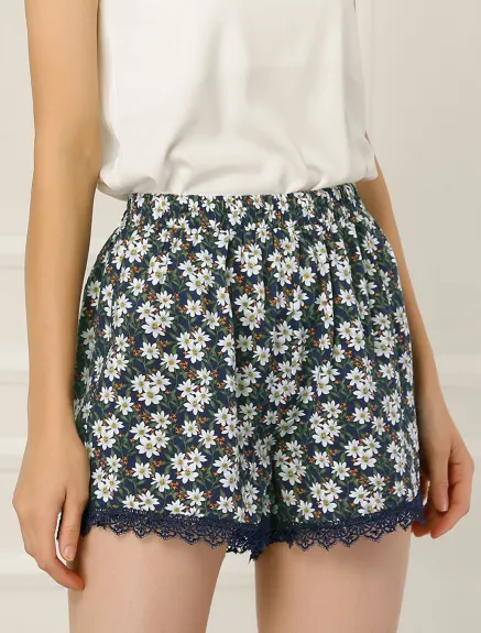 Allegra K - Elastic Waist Lace Trim Summer Floral Shorts