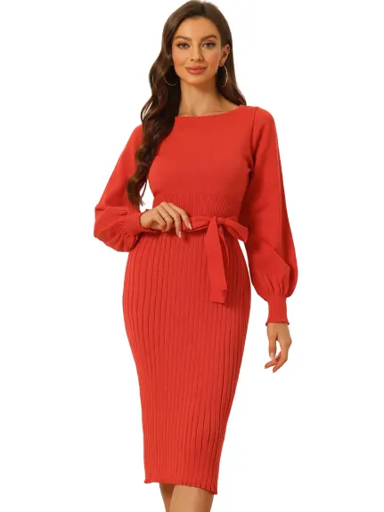 Allegra K- Knit Belted Crew Neck Lantern Sleeves Sweater Dress