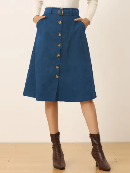 Allegra K - Button Front A-Line Belted Corduroy Skirt