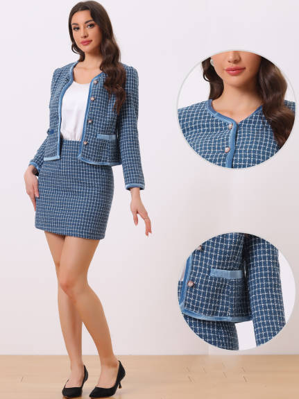 Allegra K - Plaid Tweed Short Blazer Skirt Sets