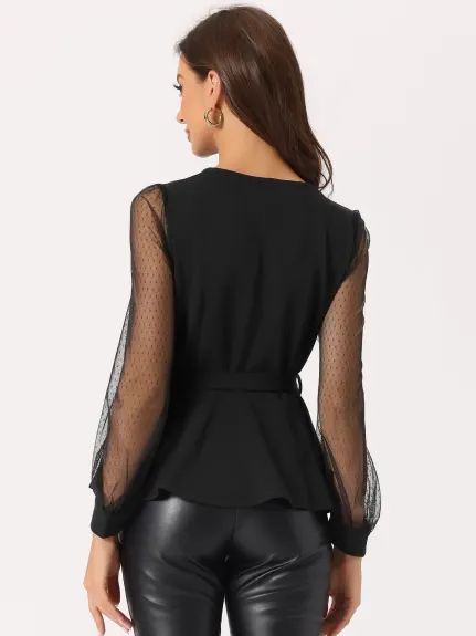 Allegra K - Mesh Long Sleeve Peplum Top with Belt