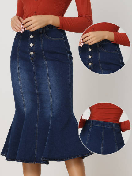 Allegra K- Washed Denim Fishtail Midi Skirt