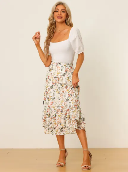 Allegra K- Zipper Printed Chiffon Ruffle Tiered Midi Skirt