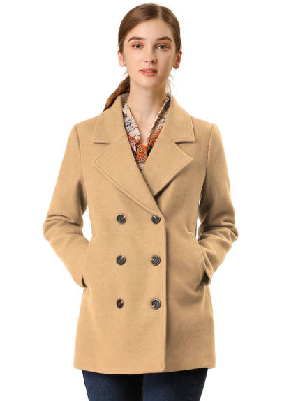 Allegra K- Notched Lapel Double-Breasted Overcoat