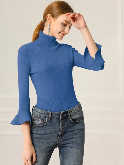 Allegra K- Turtle Neck 3/4 Ruffle Sleeves Pullover Slim Rib Knit Sweater