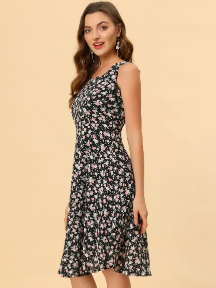 Allegra K- Robe midi en mousseline florale sans manches à col carré