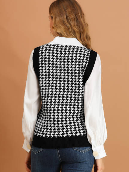 Allegra K- Round Neck Vest Sleeveless Houndstooth Plaid Sweater