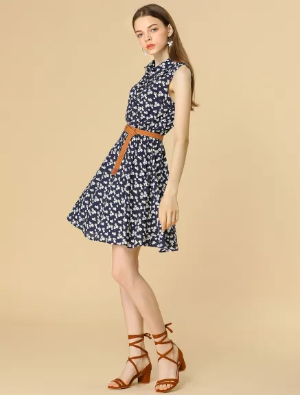 Allegra K- Printed Half Placket Sleeveless Belted Dress