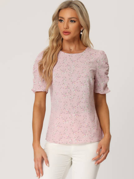 Allegra K- Floral Crew Neck Shirred Short Sleeve Blouse