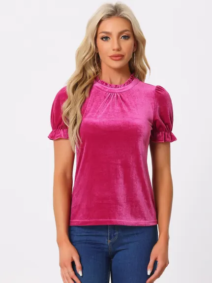 Allegra K- Ruffle Collar Short Sleeve Velvet Blouse