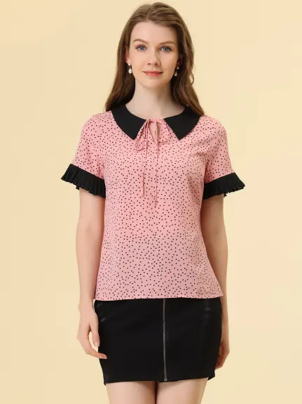 Allegra K- Contrast Doll Collar Polka Dots Blouse