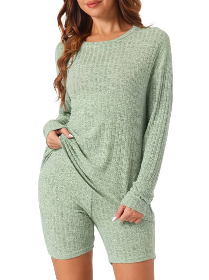 Cheibear - Ribbed Knit Long Sleeve Pajama Set