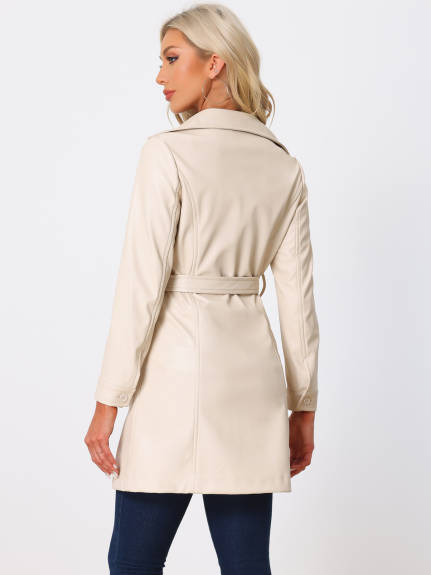 Allegra K - Notched Lapel Collar Faux Leather Long Jacket