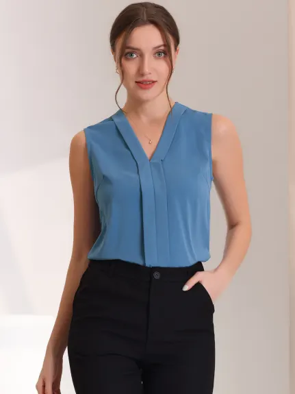 Allegra K - Pleated Front V Neck Sleeveless Work Blouse