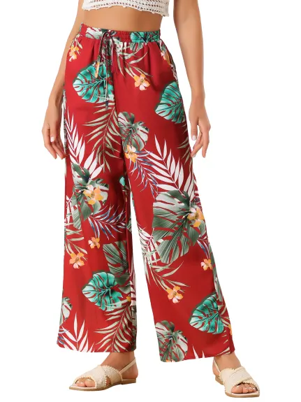 Allegra K- Drawstring Wide Leg Floral Beach Pants