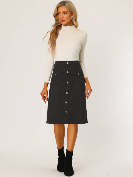 Allegra K- Suede Button Pockets Decor A-Line Skirt